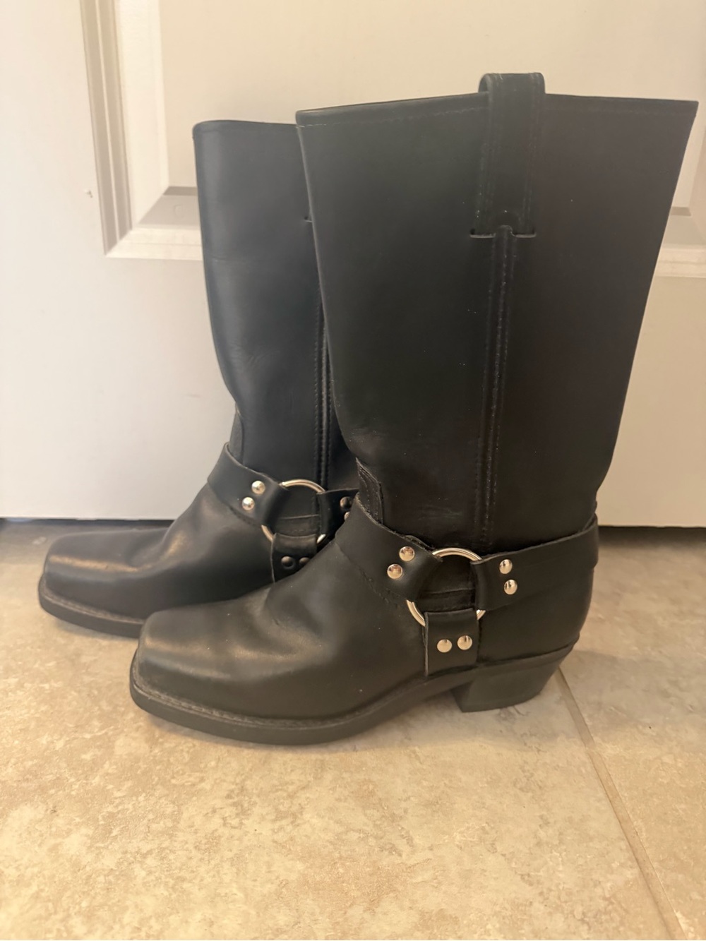 Frye Black Leather Harness Heeled Boots - Picture 2 of 5